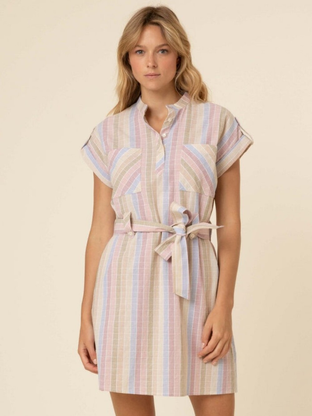 Frnch Paris Striped Pastel 100% Cotton Tie-Waist Shirt Dress Summer Vacation